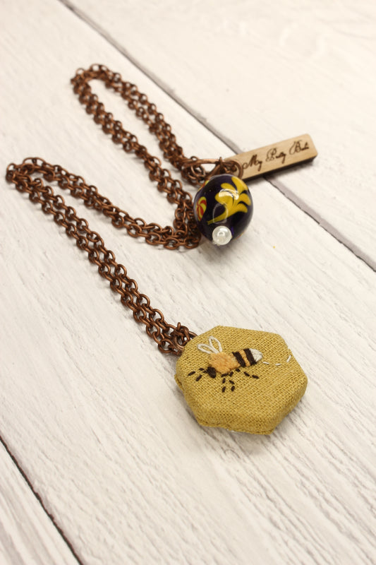 Hexagon Embroidery Necklace - Bee & Flower
